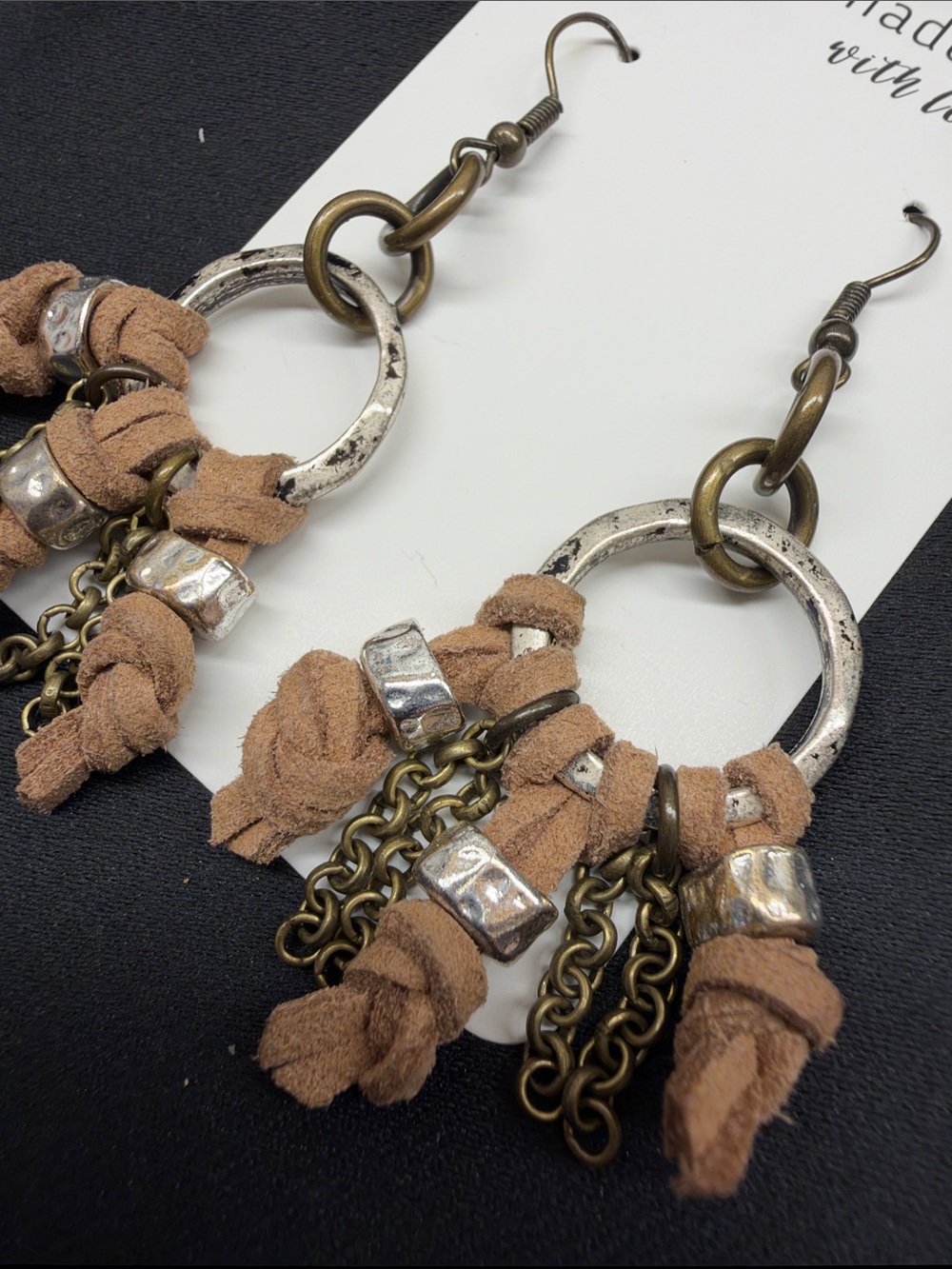 NEW Boho Tan Suede Knot & Chain Hoop Earrings - Picture 2 of 3
